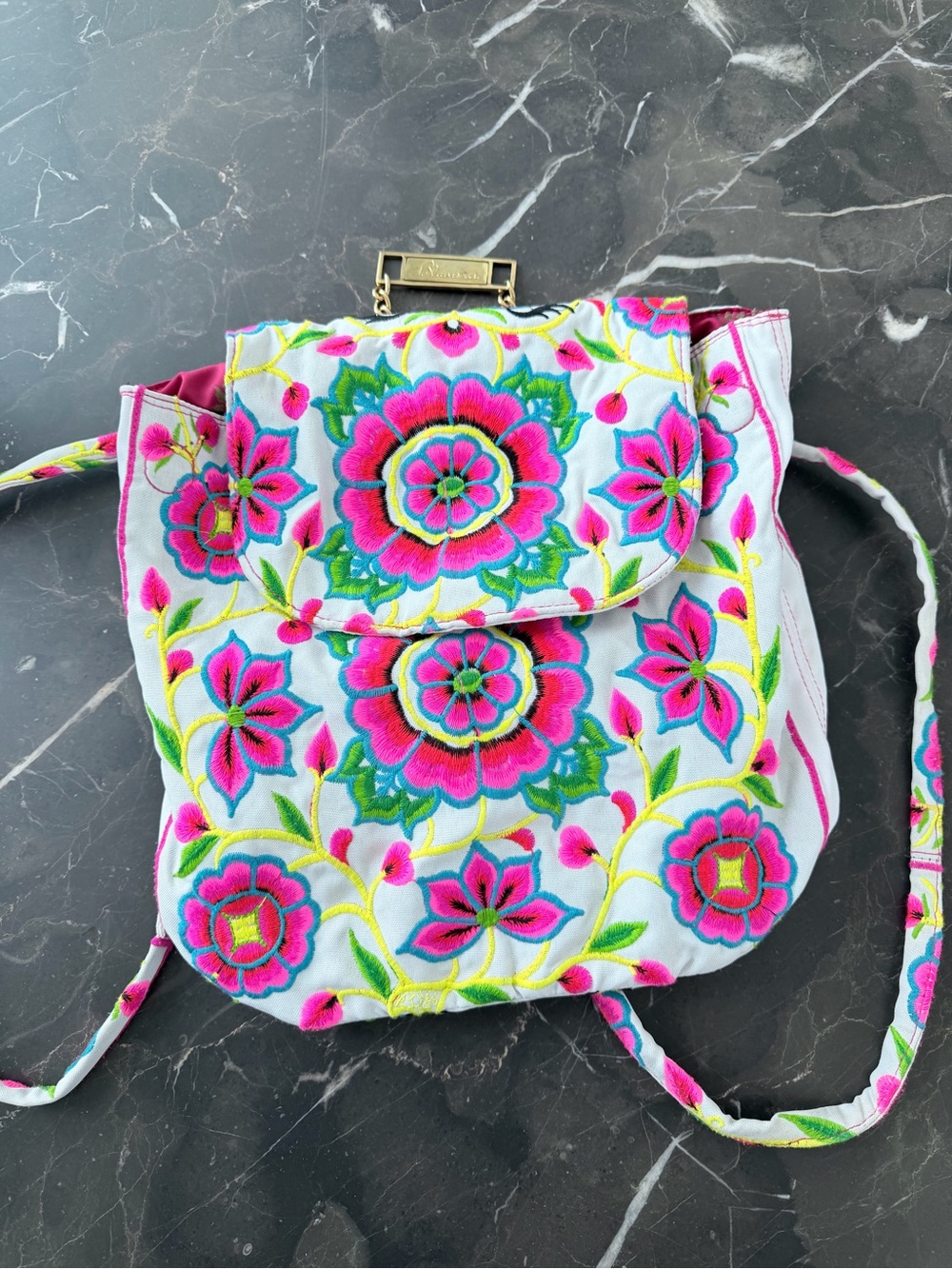 Embroidered Floral Backpack in Bright Pink and Teal